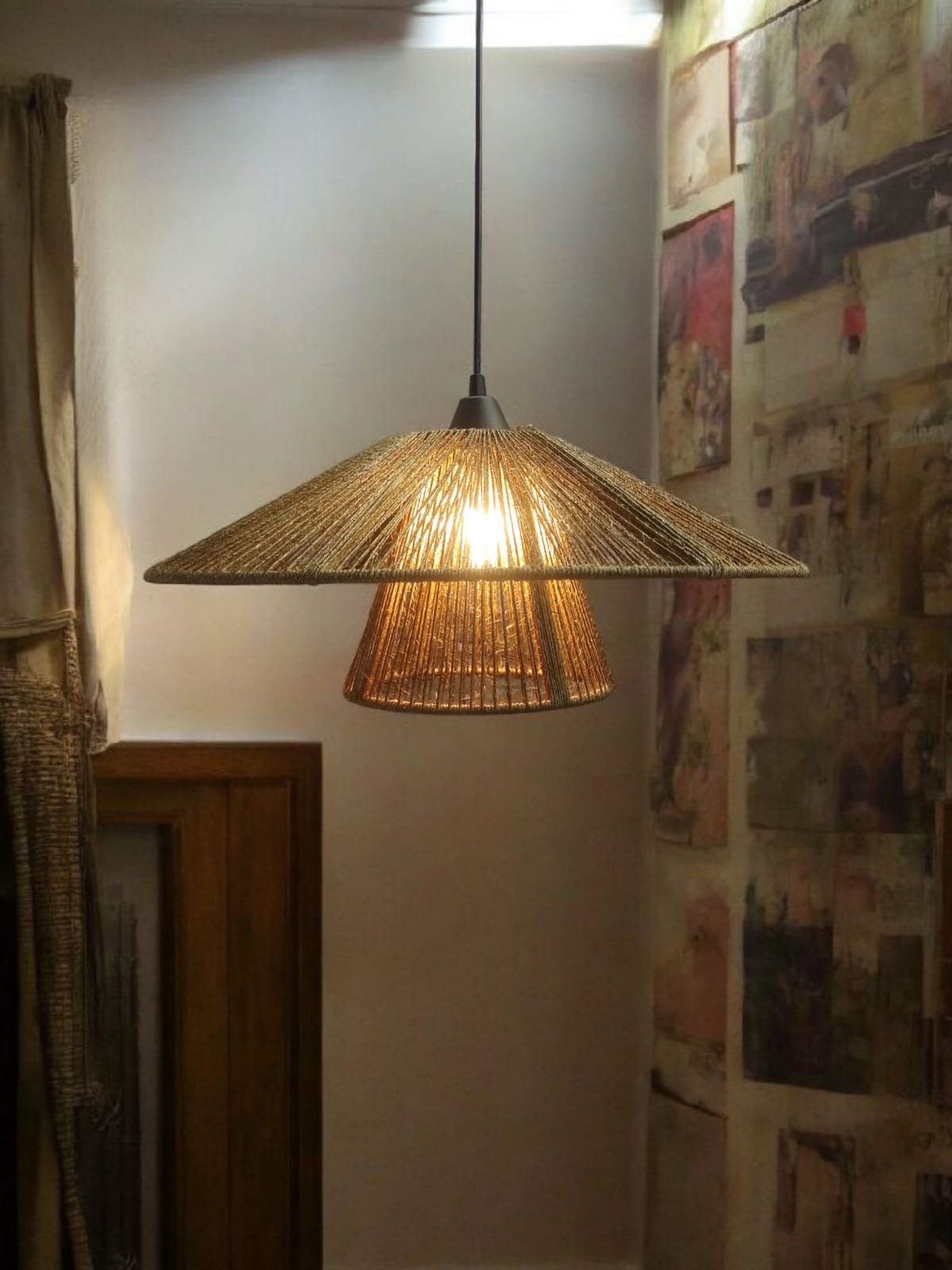 Luminária Lustre Pendente Rústica Dupla de Teto em Sisal