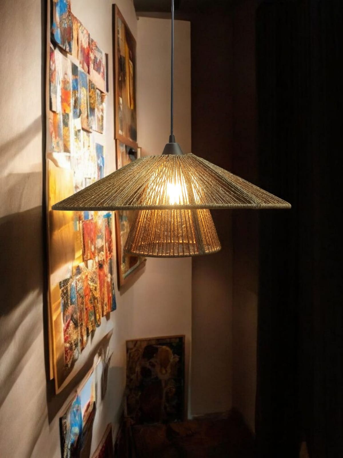 Luminária Lustre Pendente Rústica Dupla de Teto em Sisal